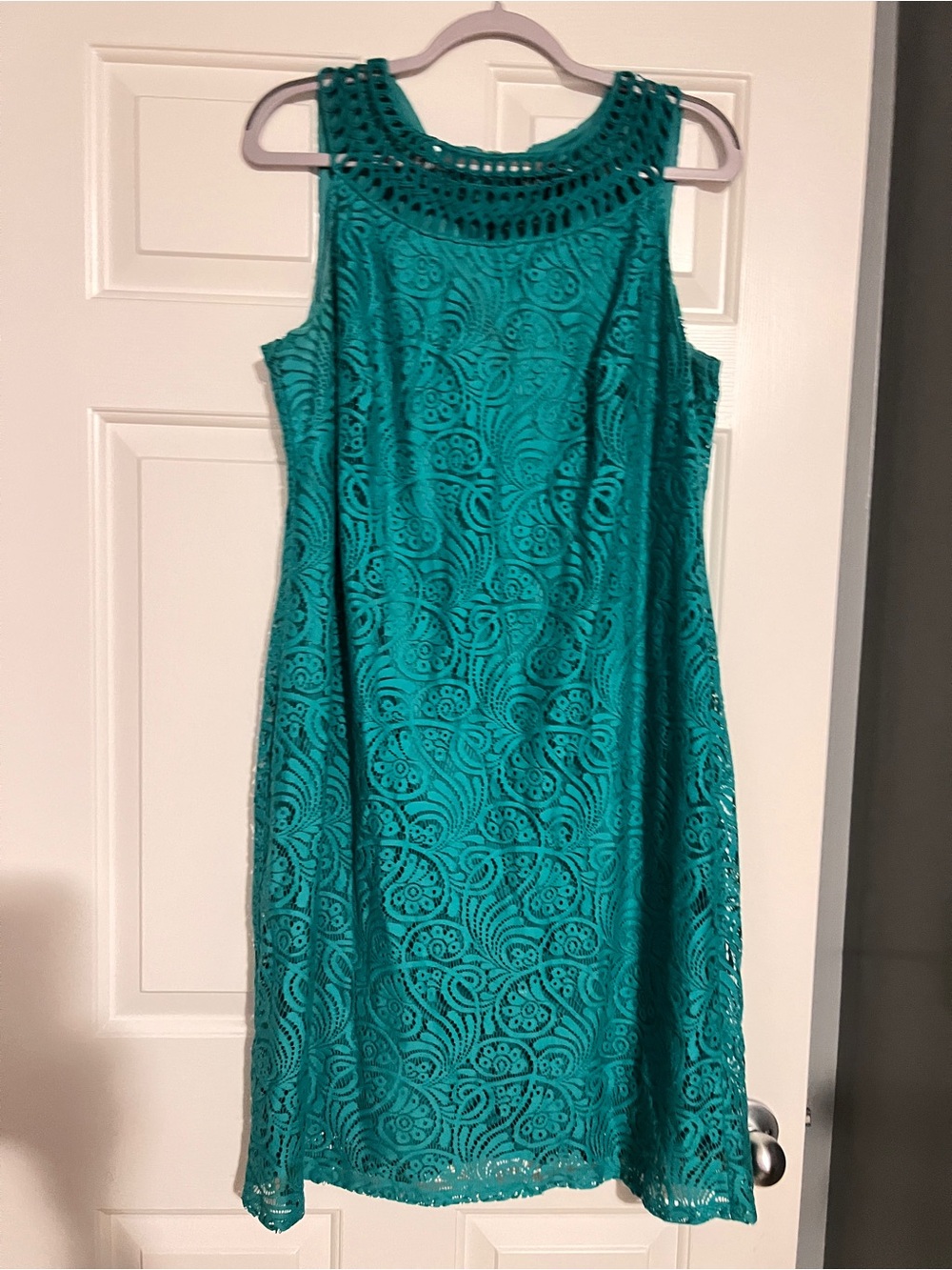Jessica Howard Teal Crochet Neck Lace Sheath Dress
